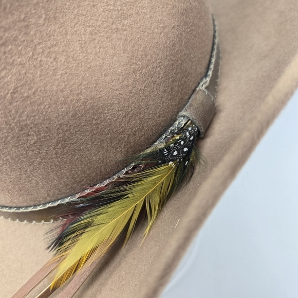 VINTAGE GEO. W BOLLMAN TAN WOOL COWBOY HAT LEATHER FEATHERS WESTERN WOMEN OS 80s - Picture 14 of 15